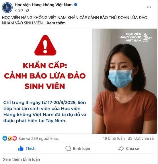 Học viện Hàng không Việt Nam cảnh báo thủ đoạn lừa đảo nhắm vào tân sinh viên Học viện Hàng không Việt Nam cảnh báo thủ đoạn lừa đảo nhắm vào tân sinh viên