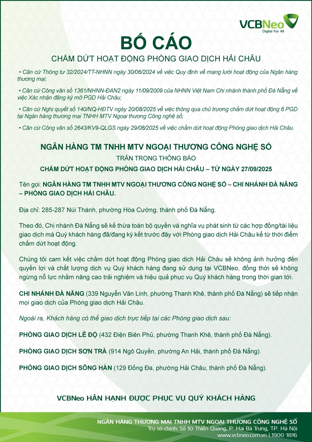 VCBNeo bố cáo chấm dứt hoạt động PGD Hải Châu