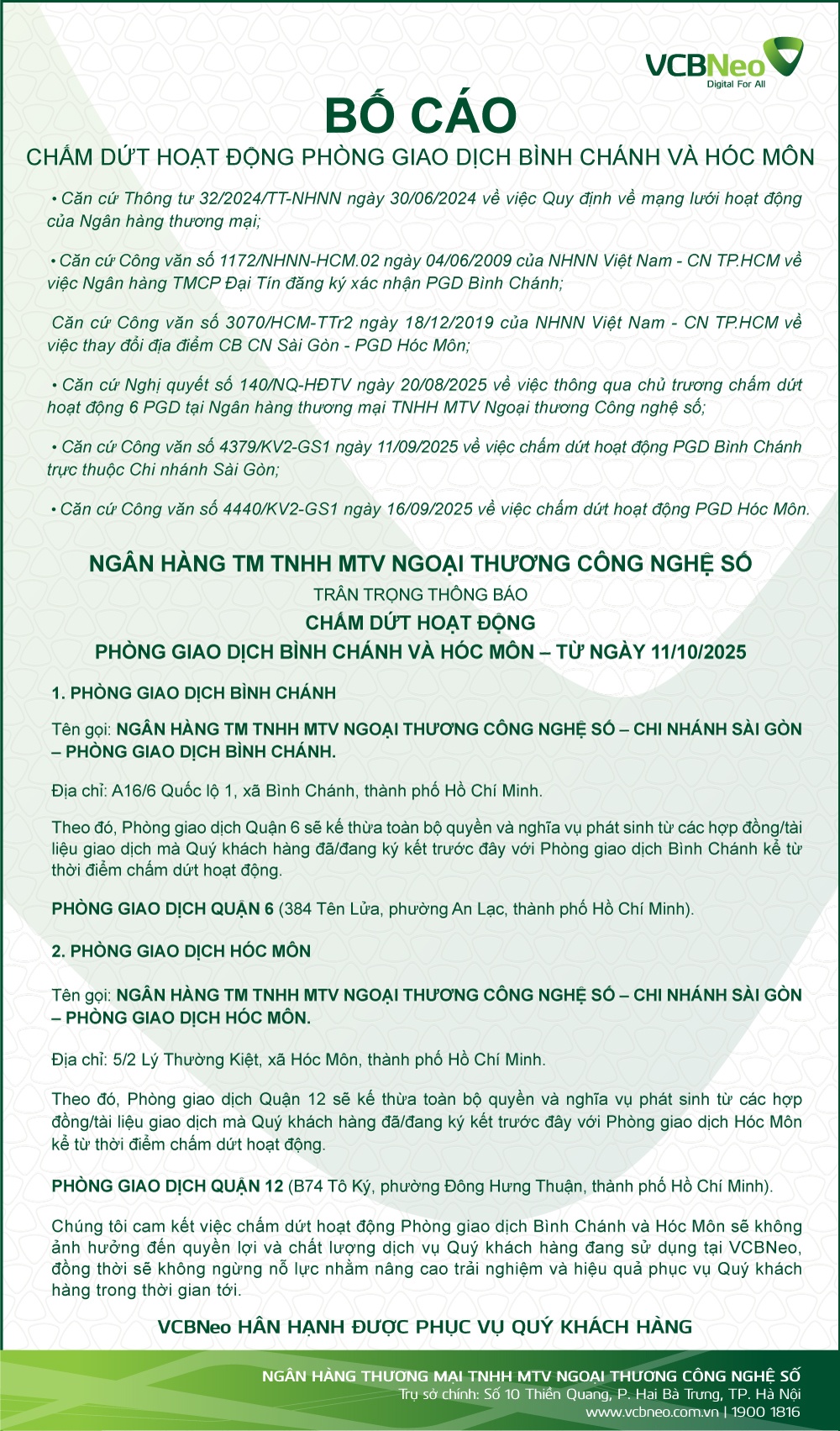 VCBNeo bố cáo chấm dứt hoạt động PGD Bình Chánh và Hóc Môn
