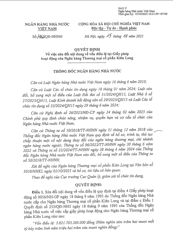 KienlongBank công bố Quyết định của NHNN về việc sửa đổi nội dung về vốn điều lệ tại Giấy phép hoạt động KienlongBank công bố Quyết định của NHNN về việc sửa đổi nội dung về vốn điều lệ tại Giấy phép hoạt động