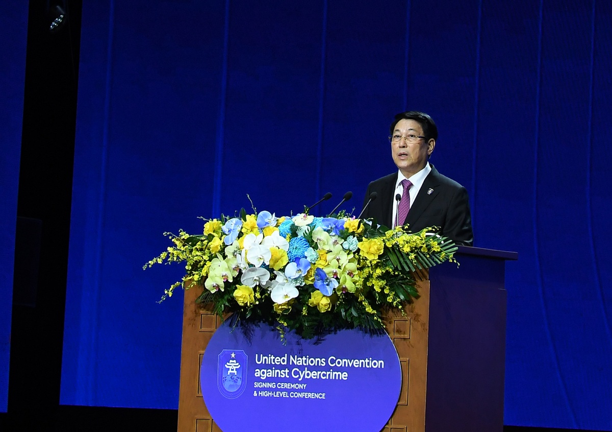 Chủ tịch nước Lương Cường phát biểu tại phiên khai mạc Lễ mở ký Công ước Hà Nội - Ảnh VGP/Hải Minh