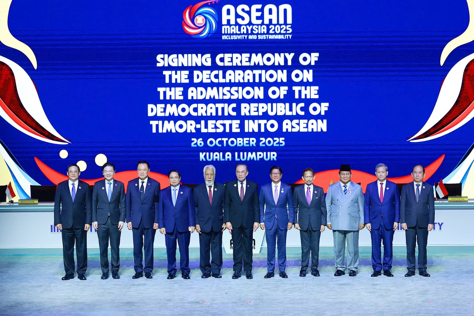 Lãnh đạo các nước ASEAN chứng kiến lễ ký tuyên bố về việc kết nạp Timor Leste vào ASEAN - Ảnh: VGP/Nhật Bắc