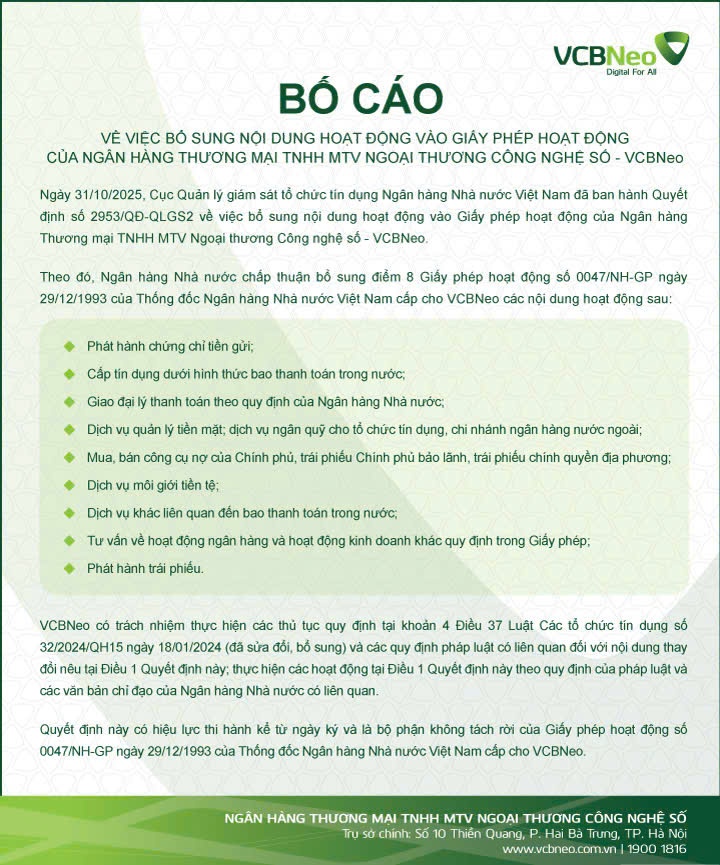 VCBNeo bố cáo bổ sung nội dung hoạt động vào giấy phép hoạt động