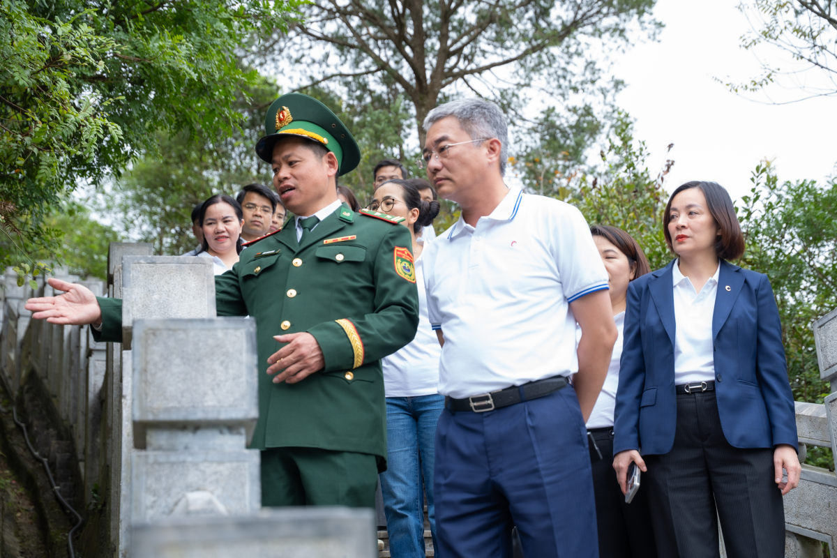 Trung tá Kim Xuân Giang – Đồn trưởng Đồn Biên phòng Lũng Cú cùng Ban lãnh đạo Co-opBank tại Cột cờ quốc gia Lũng Cú