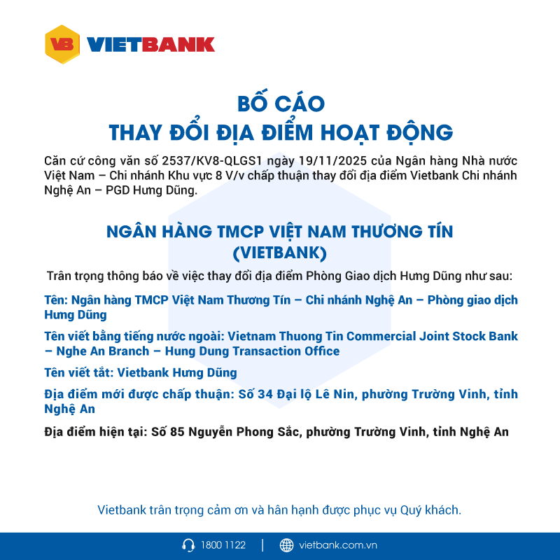 Vietbank bố cáo thay đổi địa điểm hoạt động PGD Hưng Dũng
