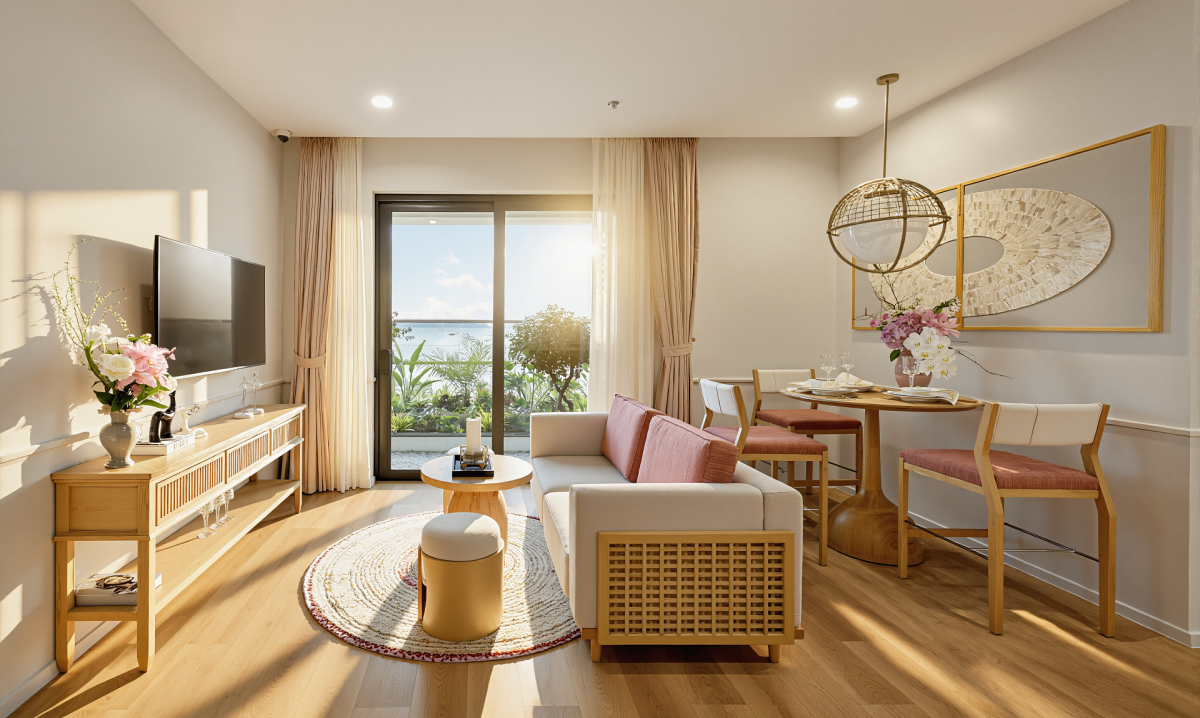 Phòng khách căn hộ mẫu 2 phòng ngủ Sun Centro Town. Ảnh: Ánh Dương