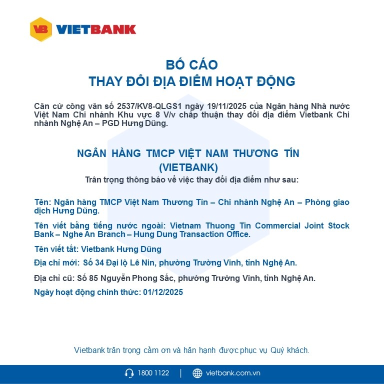 Vietbank bố cáo thay đổi địa điểm hoạt động PGD Hưng Dũng