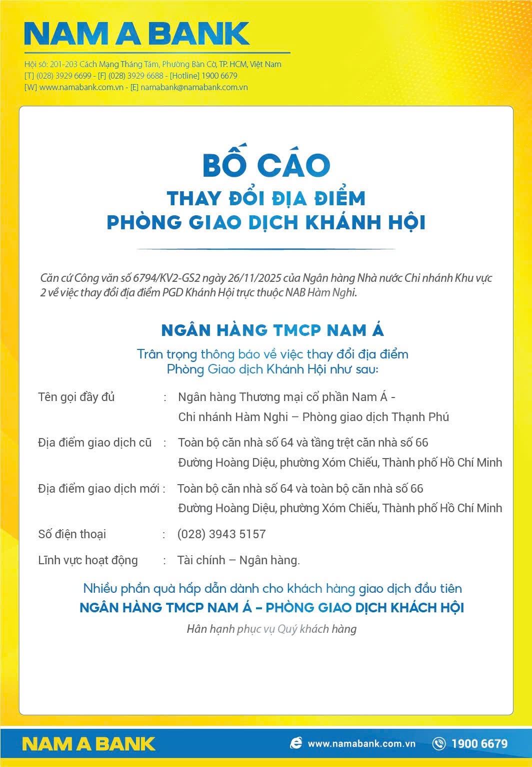 Nam A Bank bố cáo thay đổi địa điểm PGD Khánh Hội