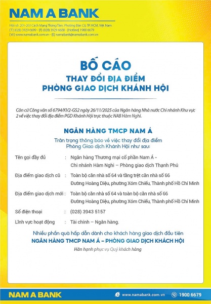 Nam A Bank bố cáo thay đổi địa điểm PGD Khánh Hội