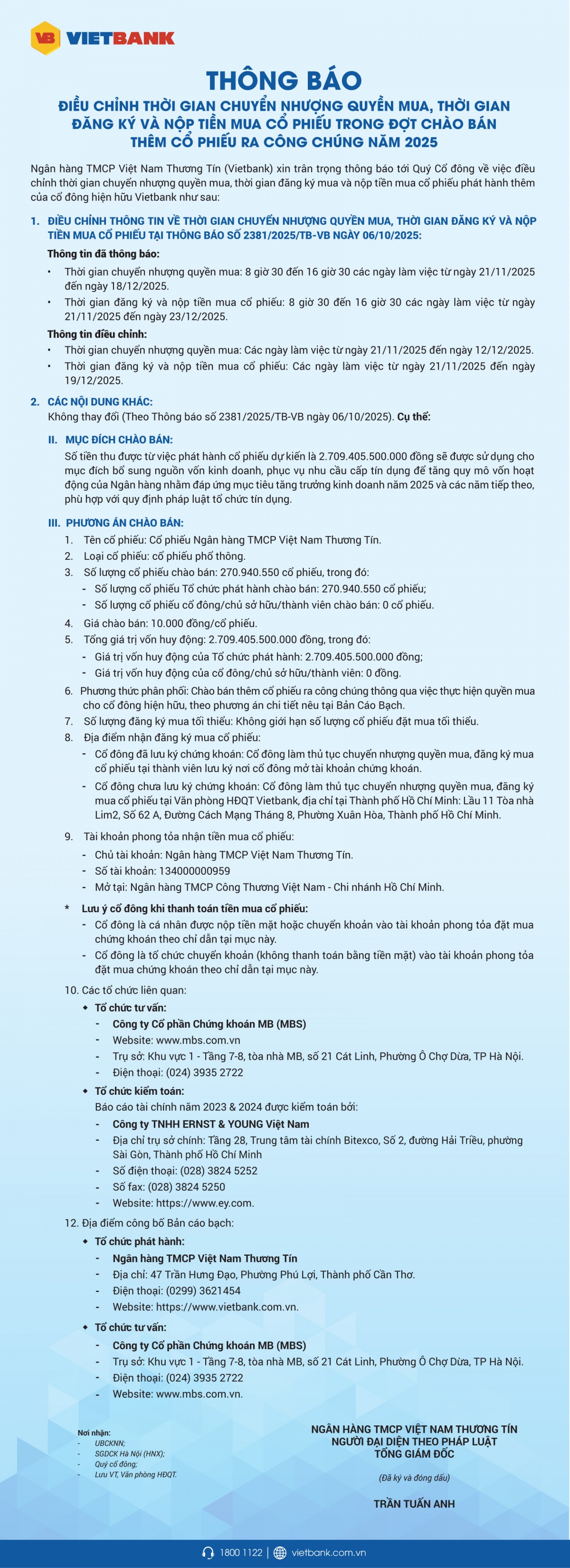 Vietbank thông báo điều chỉnh thời gian chuyển nhượng quyền mua, thời gian đăng ký và nộp tiền mua cổ phiếu phát hành thêm