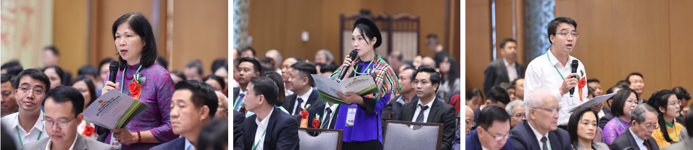 Các đại biểu (từ trái sang) Phạm Thị Lý, Vương Thị Thương, Phạm Đức Trọng nêu đề xuất tại Hội nghị - Ảnh: VGP/Nhật Bắc Các đại biểu (từ trái sang) Phạm Thị Lý, Vương Thị Thương, Phạm Đức Trọng nêu đề xuất tại Hội nghị - Ảnh: VGP/Nhật Bắc