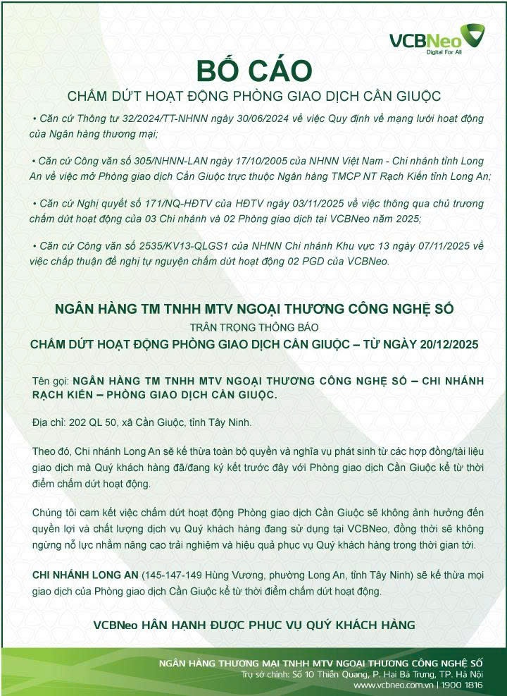 VCBNeo bố cáo chấm dứt hoạt động PGD Cần Giuộc