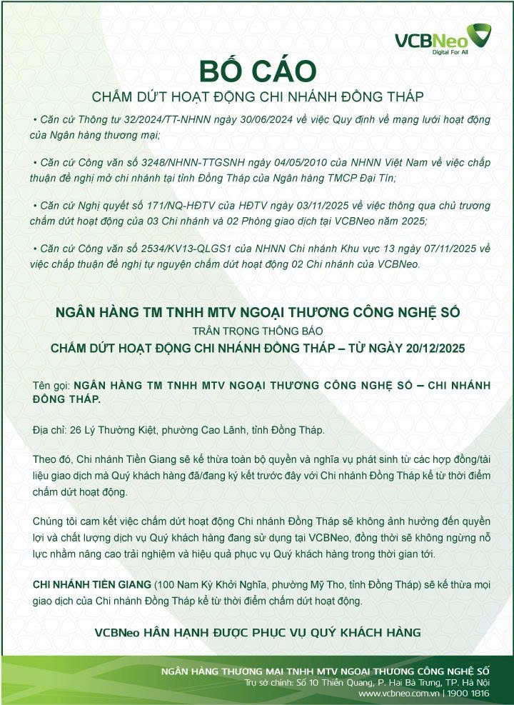 VCBNeo bố cáo chấm dứt hoạt động chi nhánh Đồng Tháp