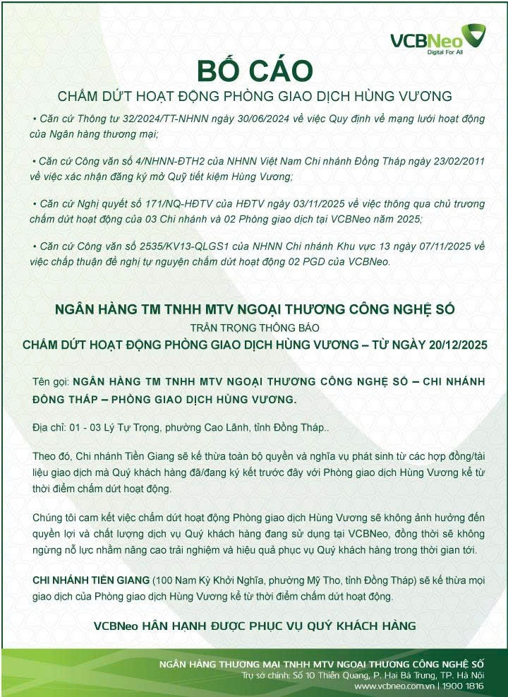 VCBNeo bố cáo chấm dứt hoạt động PGD Hùng Vương