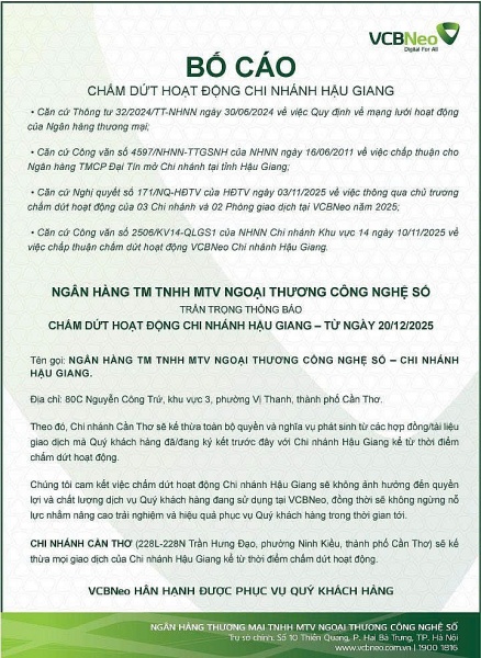 CBNeo bố cáo chấm dứt hoạt động chi nhánh Hậu Giang