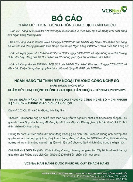 VCBNeo bố cáo chấm dứt hoạt động PGD Cần Giuộc