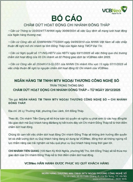 VCBNeo bố cáo chấm dứt hoạt động chi nhánh Đồng Tháp