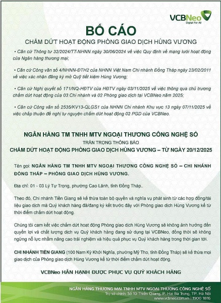VCBNeo bố cáo chấm dứt hoạt động PGD Hùng Vương