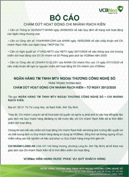 VCBNeo bố cáo chấm dứt hoạt động chi nhánh Rạch Kiến