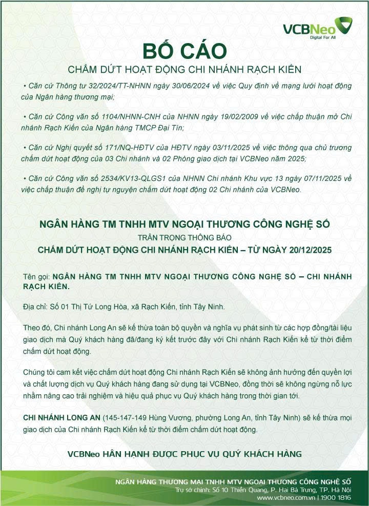 VCBNeo bố cáo chấm dứt hoạt động chi nhánh Rạch Kiến
