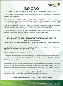 VCBNeo bố cáo chấm dứt hoạt động PGD Cần Giuộc