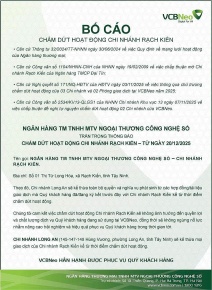 VCBNeo bố cáo chấm dứt hoạt động chi nhánh Rạch Kiến