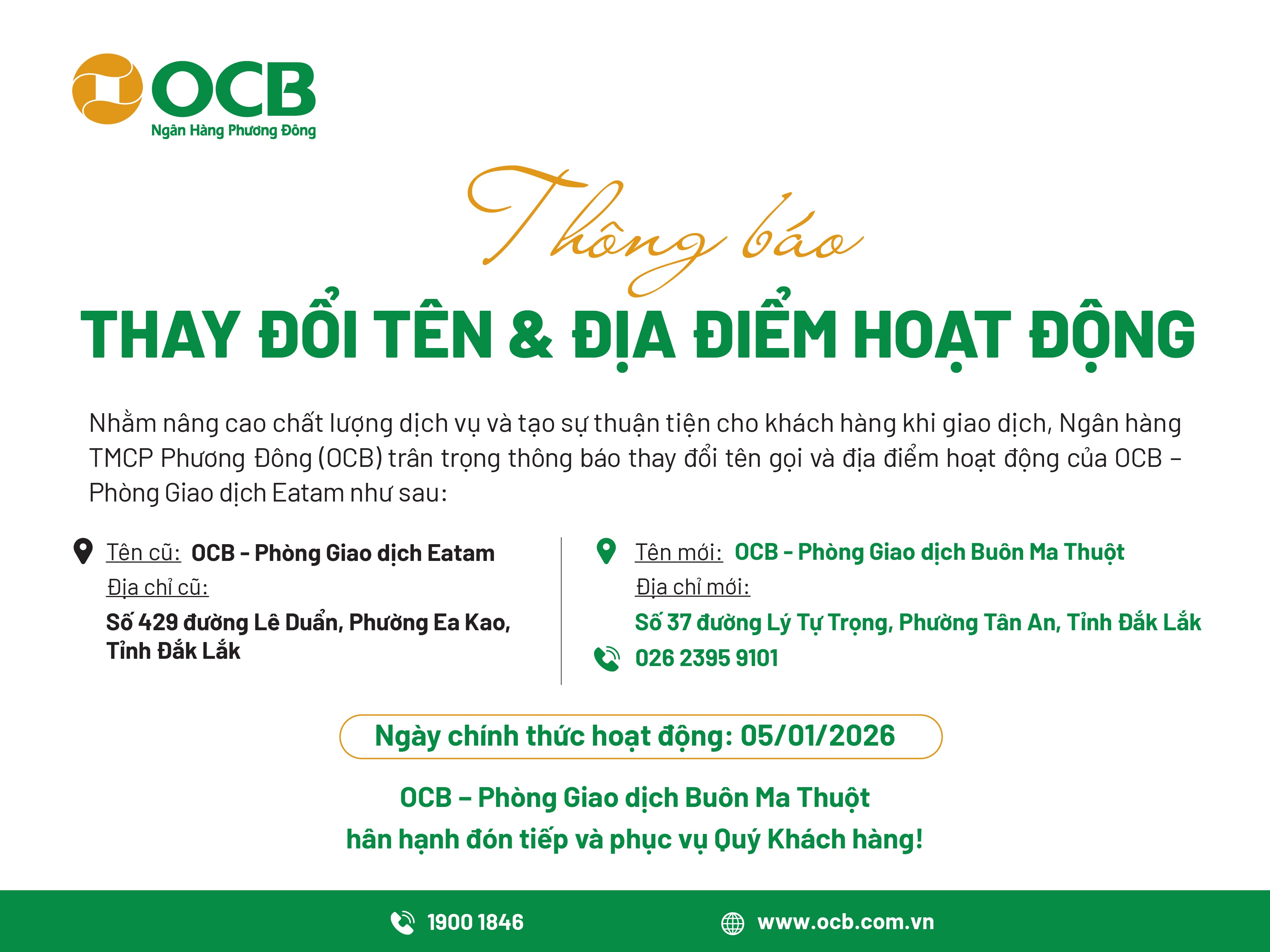 Thông báo lần 1: OCB thay đổi tên và địa điểm hoạt động Phòng Giao dịch Eatam (Đắk Lắk)