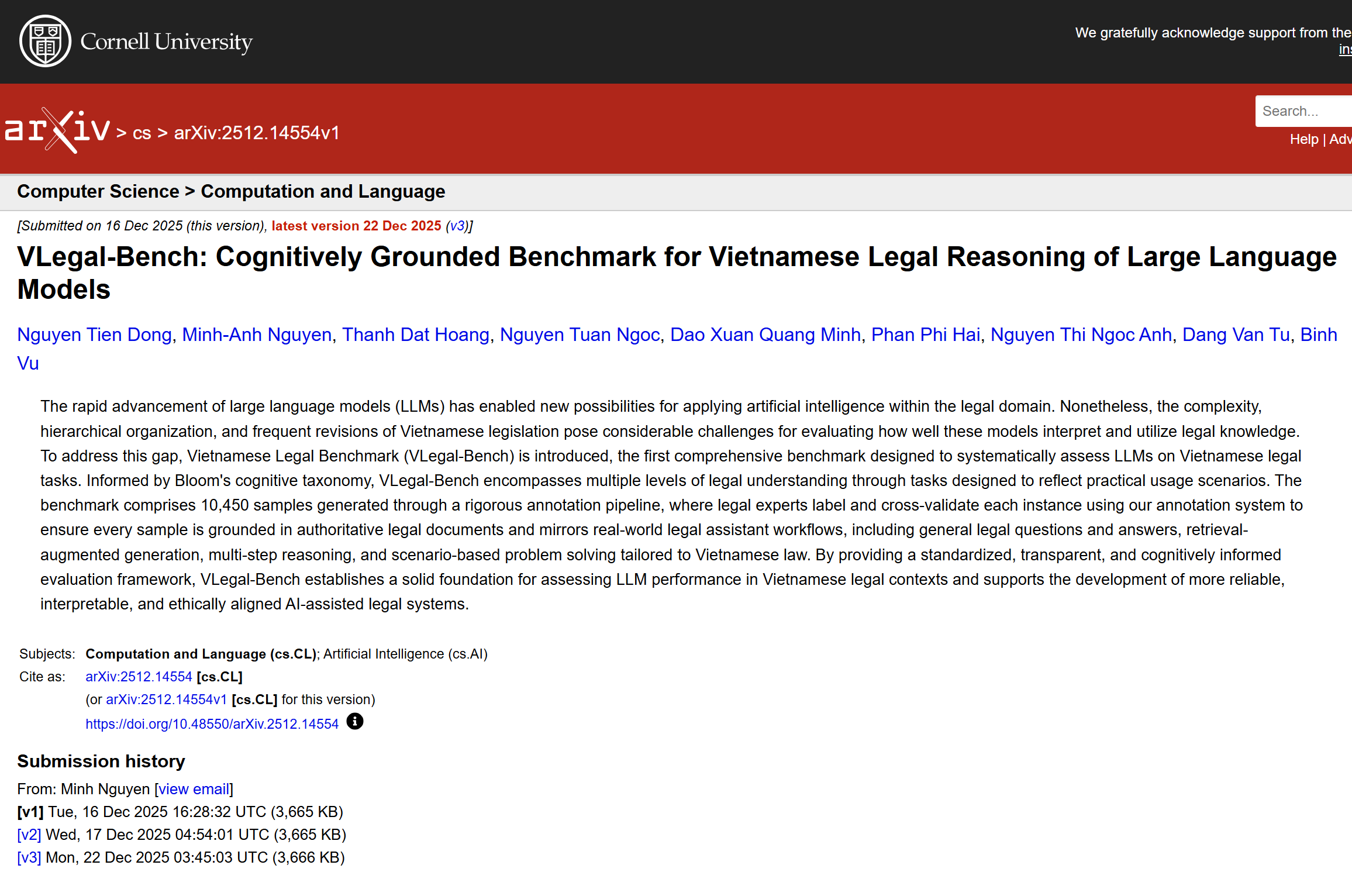 Bộ chuẩn đánh giá VLegal - Bench của nhóm nghiên cứu C-OpenAI đăng kí trên cổng arXiv của Trường Đại học Cornell- Mỹ phiên bản mới nhất cập nhật 22/12/2025