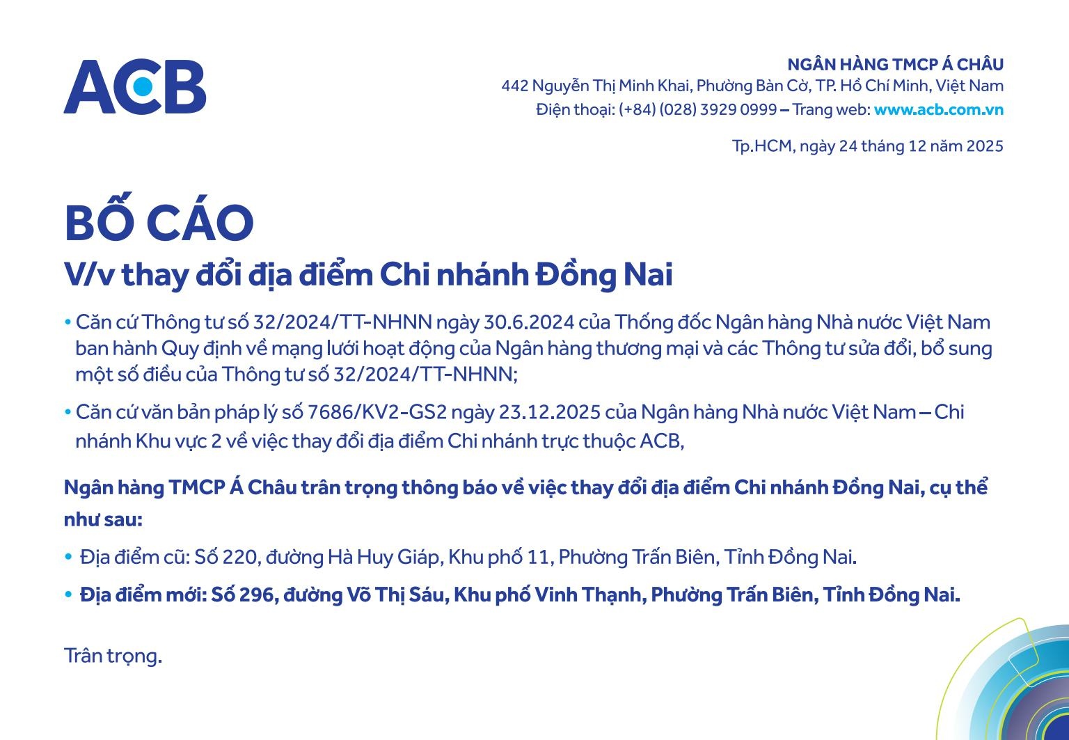 ACB bố cáo thay đổi địa điểm chi nhánh Đồng Nai