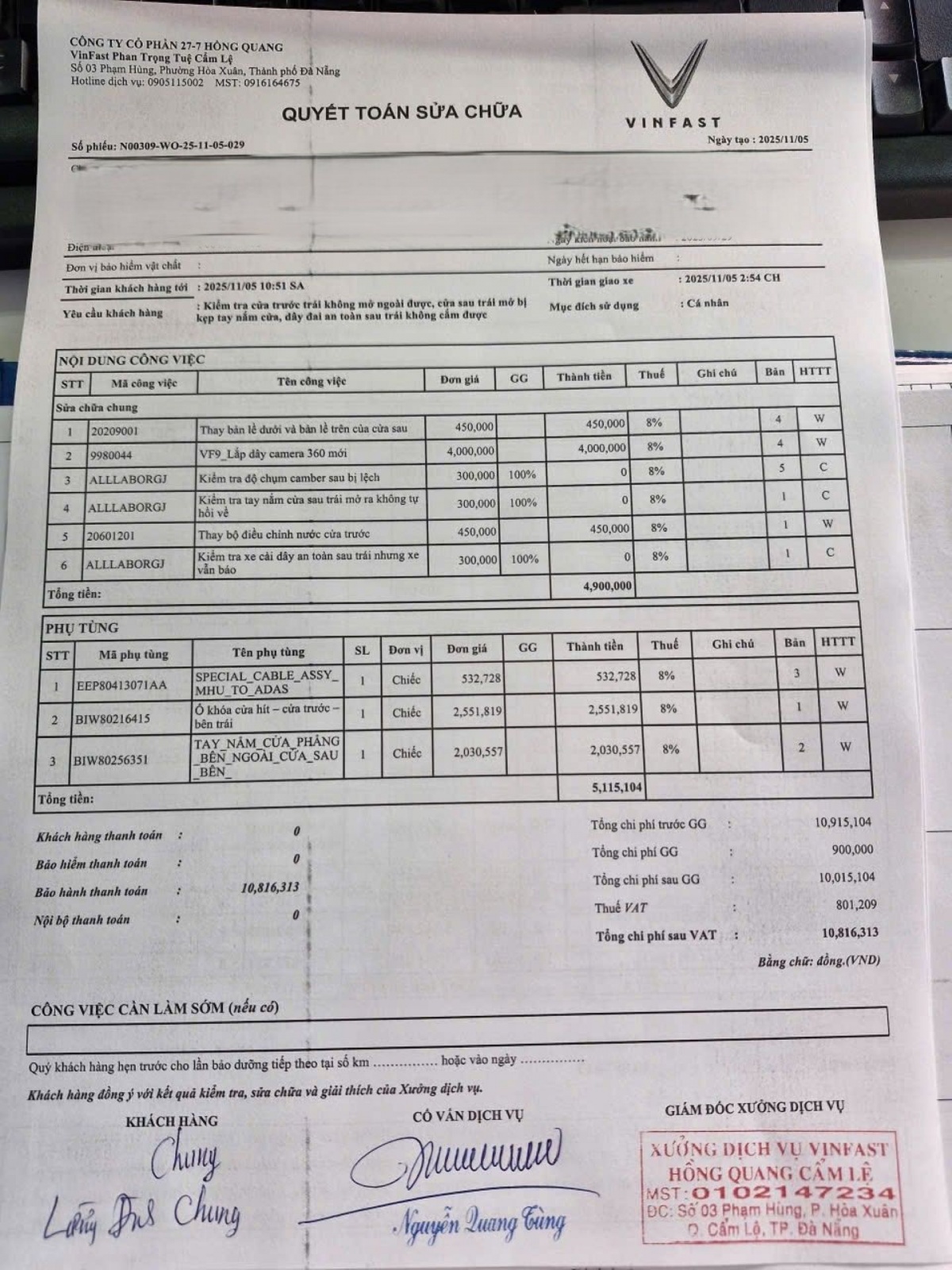 Anh Lường Đình Chung chia sẻ bảng quyết toán chi phí sửa chữa hơn 10 triệu đồng nhưng không phải trả đồng nào vì xe đang trong thời hạn bảo hành.