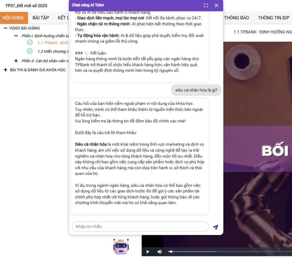 Ứng dụng AI trong đào tạo: TPBank nâng cao hiệu quả phong trào “Bình dân học vụ số” Ứng dụng AI trong đào tạo: TPBank nâng cao hiệu quả phong trào “Bình dân học vụ số”