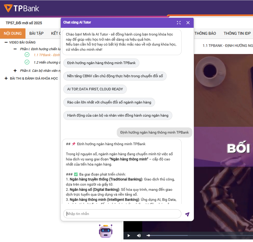Ứng dụng AI trong đào tạo: TPBank nâng cao hiệu quả phong trào “Bình dân học vụ số” Ứng dụng AI trong đào tạo: TPBank nâng cao hiệu quả phong trào “Bình dân học vụ số”