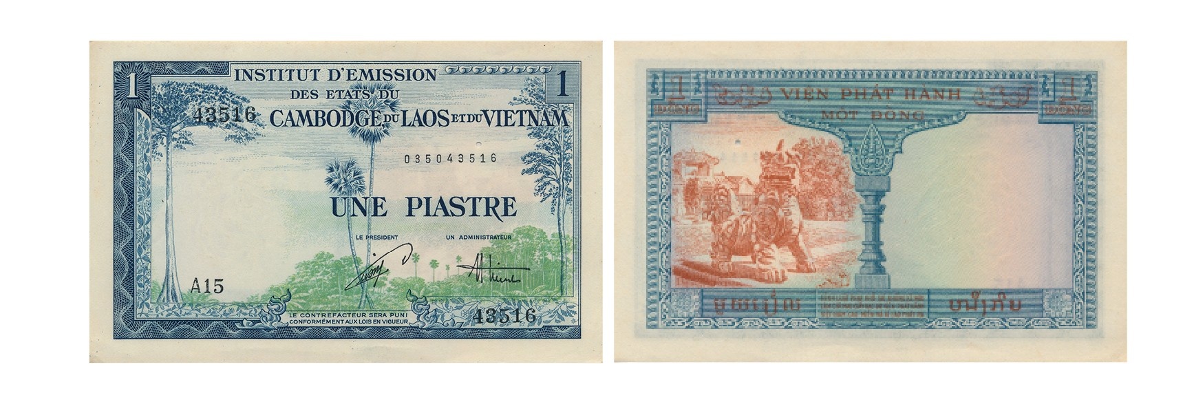 Ảnh 2.3.98. Tiền giấy 1 piastre, mẫu 2, 1954 (Phát hành tại Việt Nam) Ảnh 2.3.98. Tiền giấy 1 piastre, mẫu 2, 1954 (Phát hành tại Việt Nam)