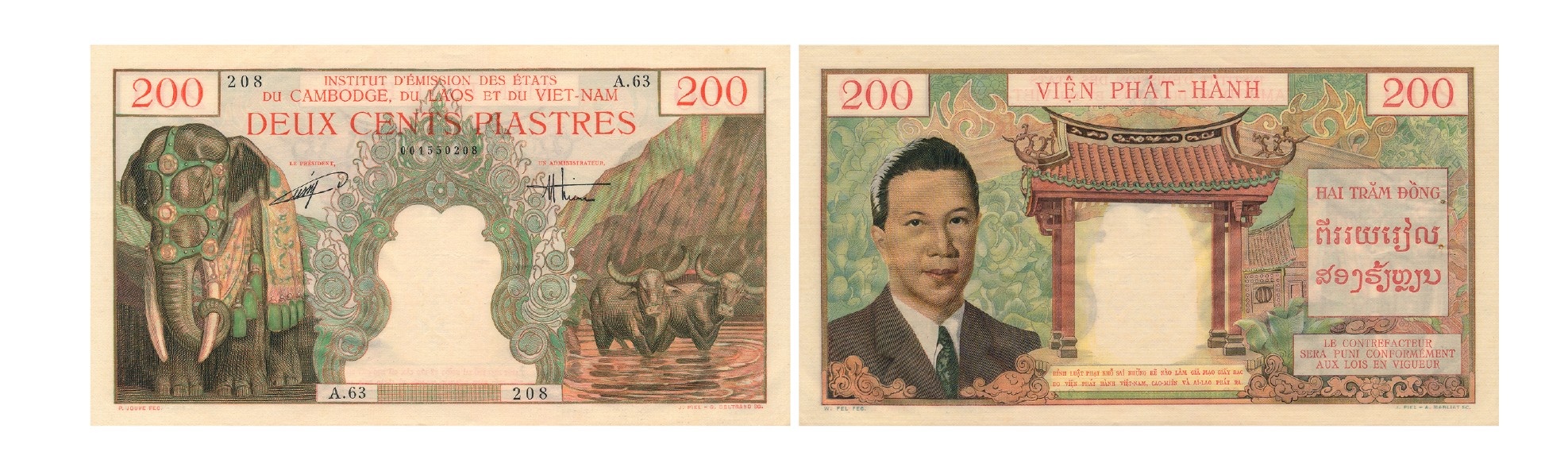 Ảnh 2.3.110. Tiền giấy 200 piastres, 1953 (Phát hành tại Việt Nam)
