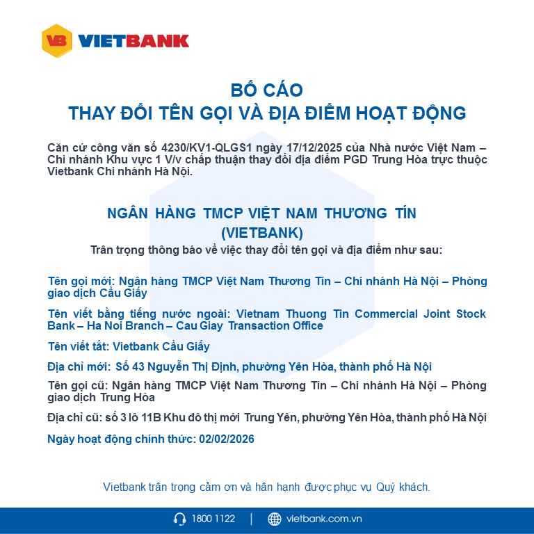 Vietbank bố cáo thay đổi tên gọi và địa điểm hoạt động PGD Cầu Giấy