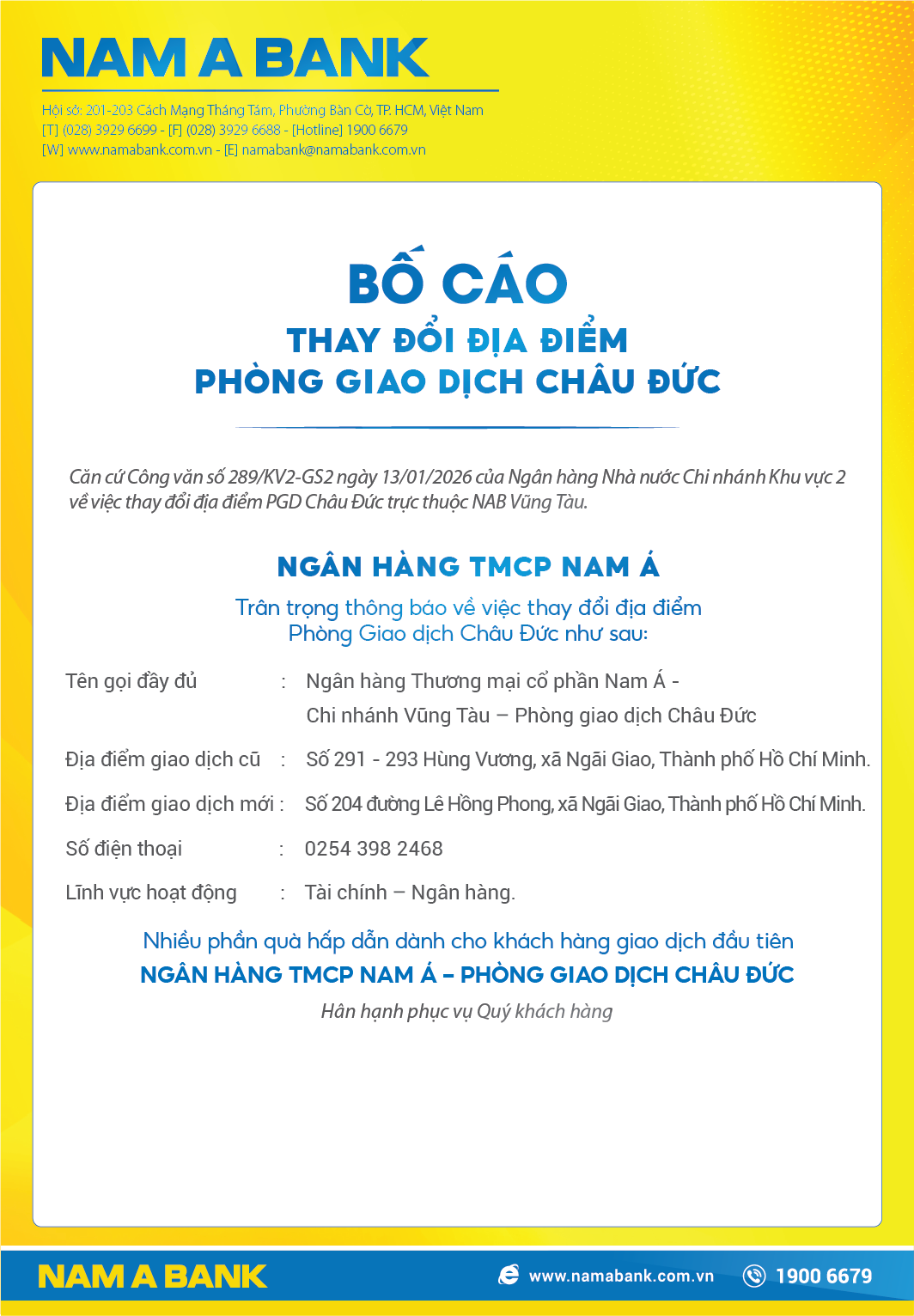 Nam A Bank bố cáo thay đổi địa điểm PGD Châu Đức