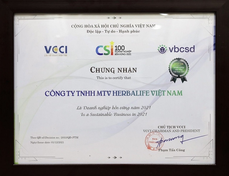 herbalife viet nam tiep tuc duoc vinh danh top 100 doanh nghiep ben vung viet nam 2021