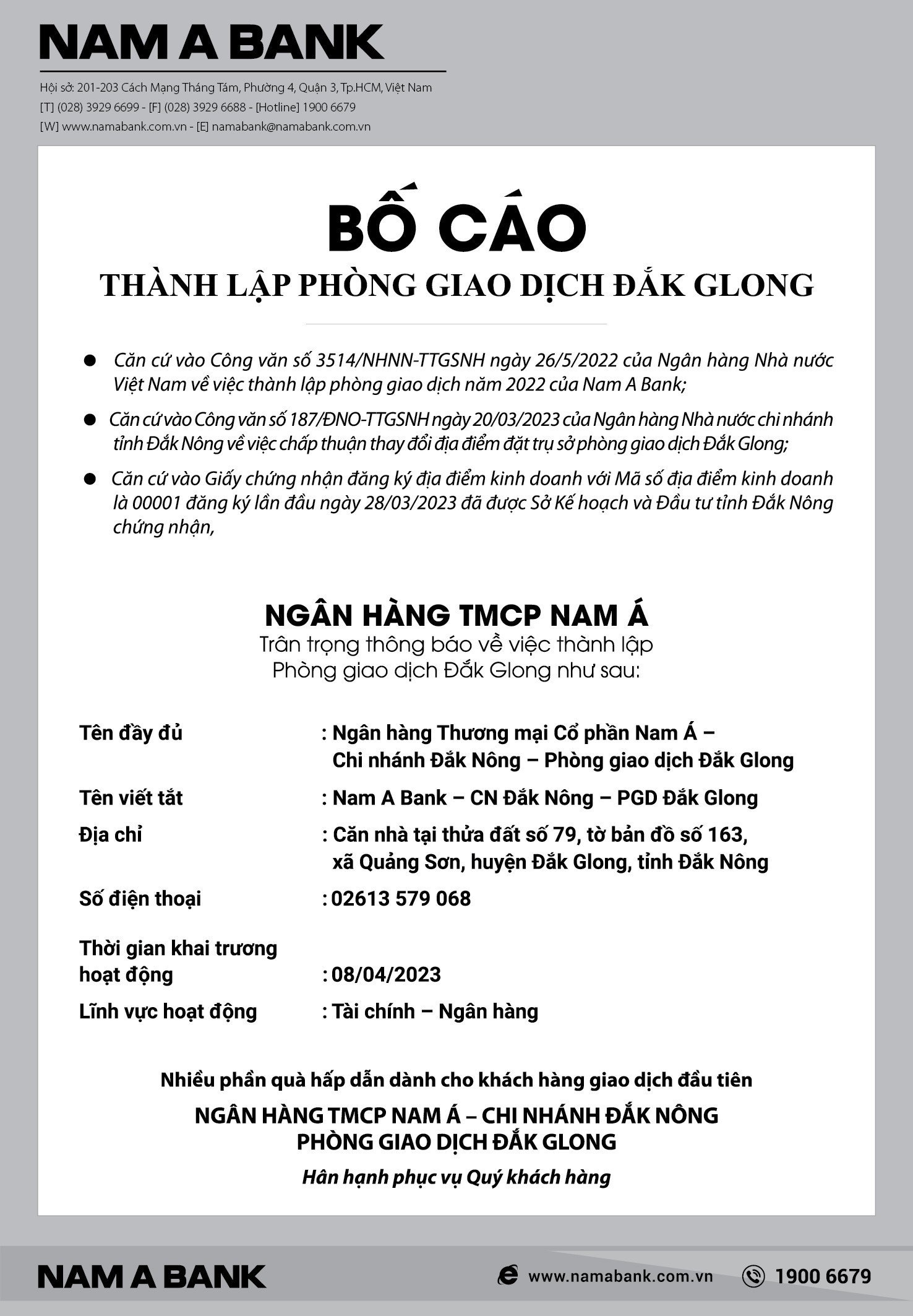 nam a bank bo cao thanh lap phong giao dich dak glong