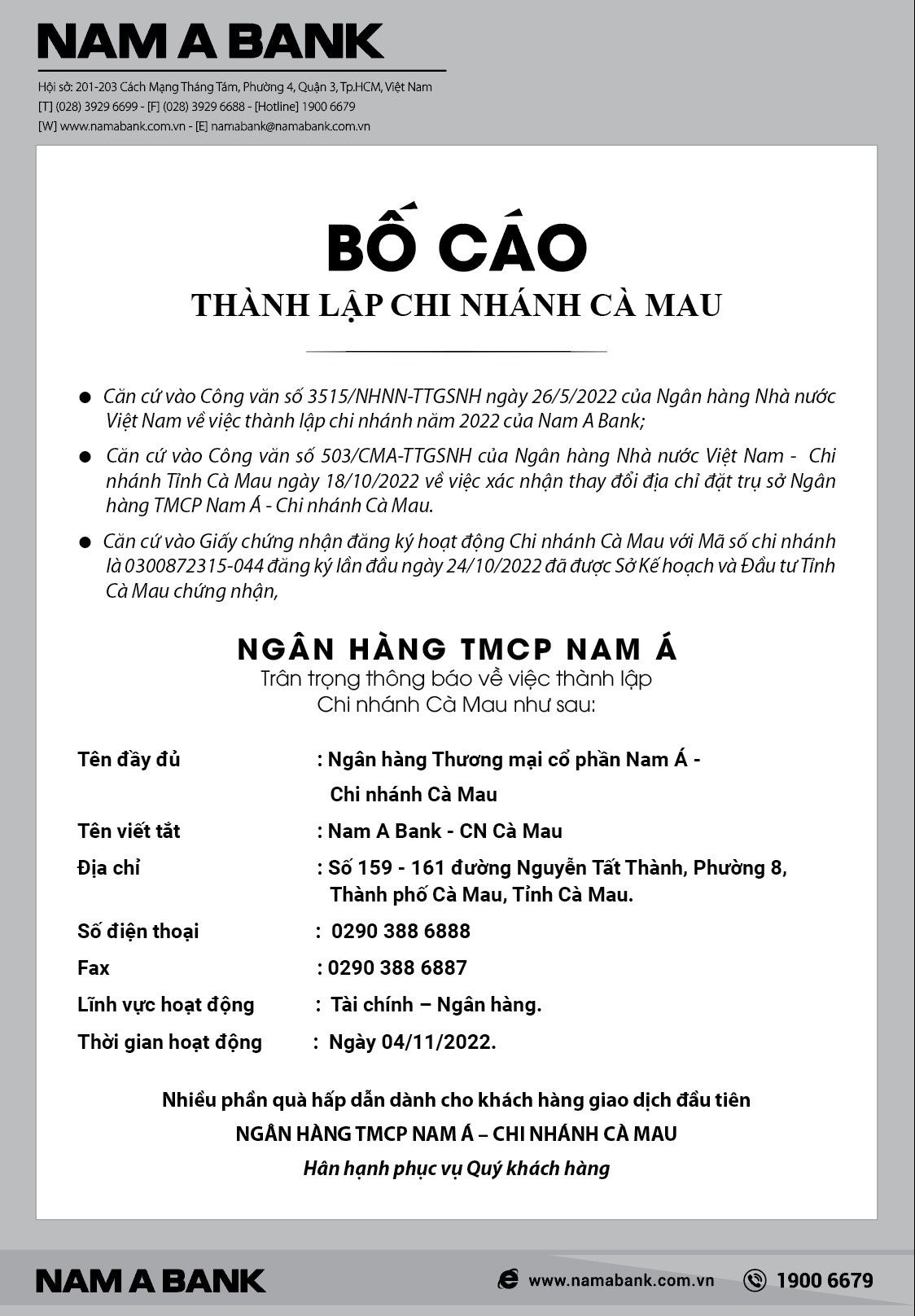 bo cao thanh lap nam a bank chi nhanh ca mau