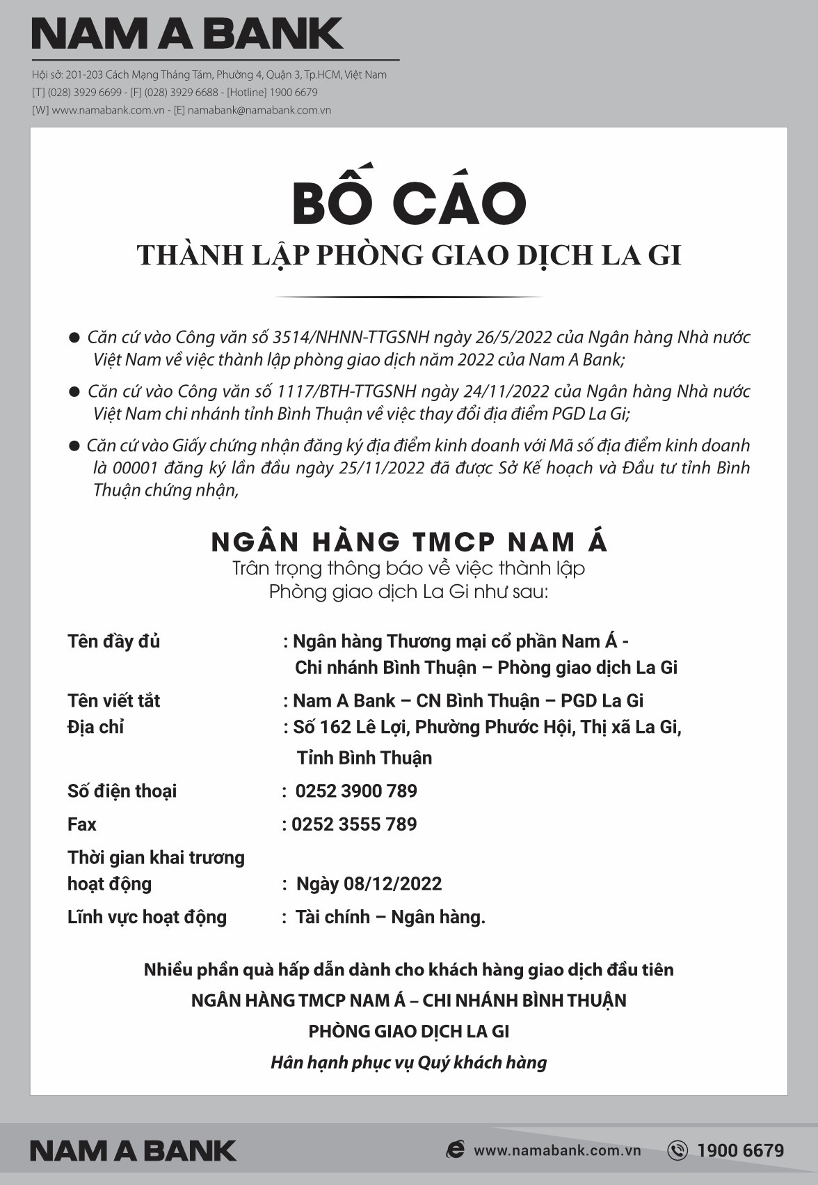 nam a bank bo cao thanh lap phong giao dich la gi