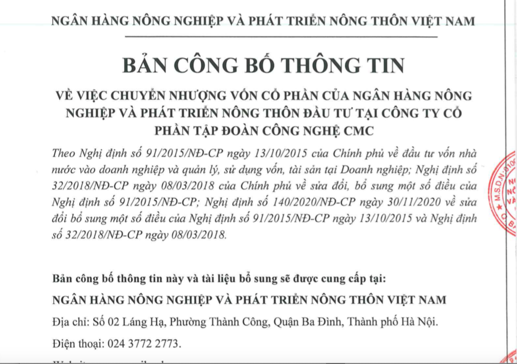 Agribank thông báo chuyển nhượng vốn tại CMC