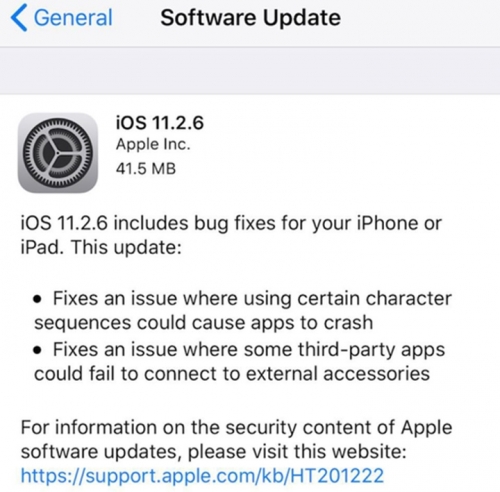 Apple phát hành iOS 11.2.6 khắc phục lỗi ký tự tiếng Ấn Độ khiến máy bị crash Apple phát hành iOS 11.2.6 khắc phục lỗi ký tự tiếng Ấn Độ khiến máy bị crash