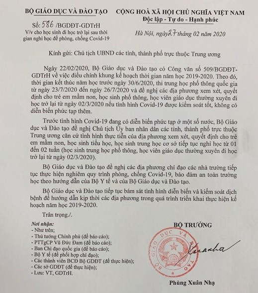 Bộ Giáo dục và Đào tạo đề nghị học sinh mầm non, tiểu học, THCS tiếp tục nghỉ