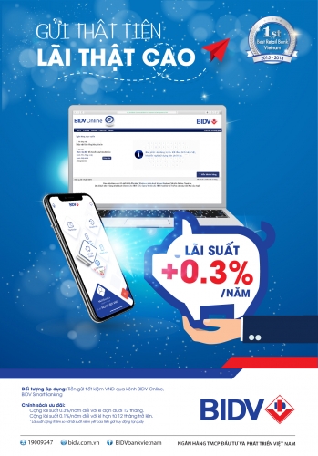 Thêm lãi suất 0,3%/năm khi gửi tiết kiệm trực tuyến tại BIDV Thêm lãi suất 0,3%/năm khi gửi tiết kiệm trực tuyến tại BIDV