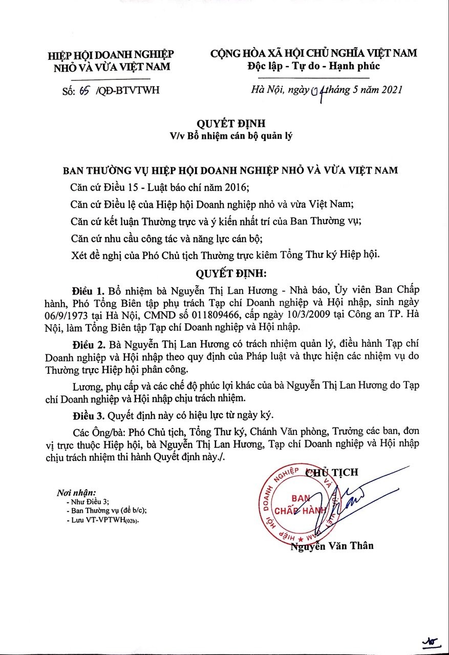 bo nhiem tong bien tap tap chi doanh nghiep hoi nhap