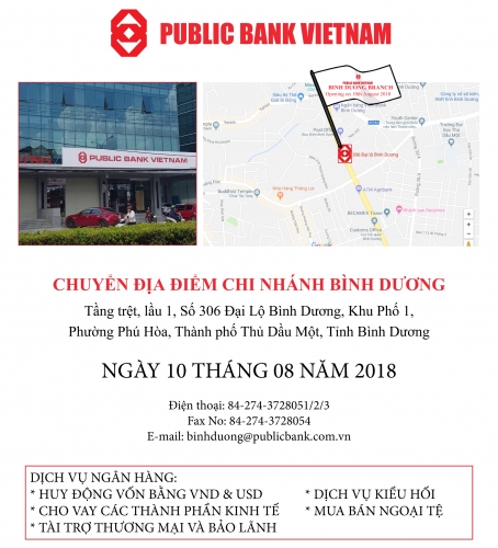 Public Bank Việt Nam chuyển địa điểm chi nhánh Bình Dương Public Bank Việt Nam chuyển địa điểm chi nhánh Bình Dương