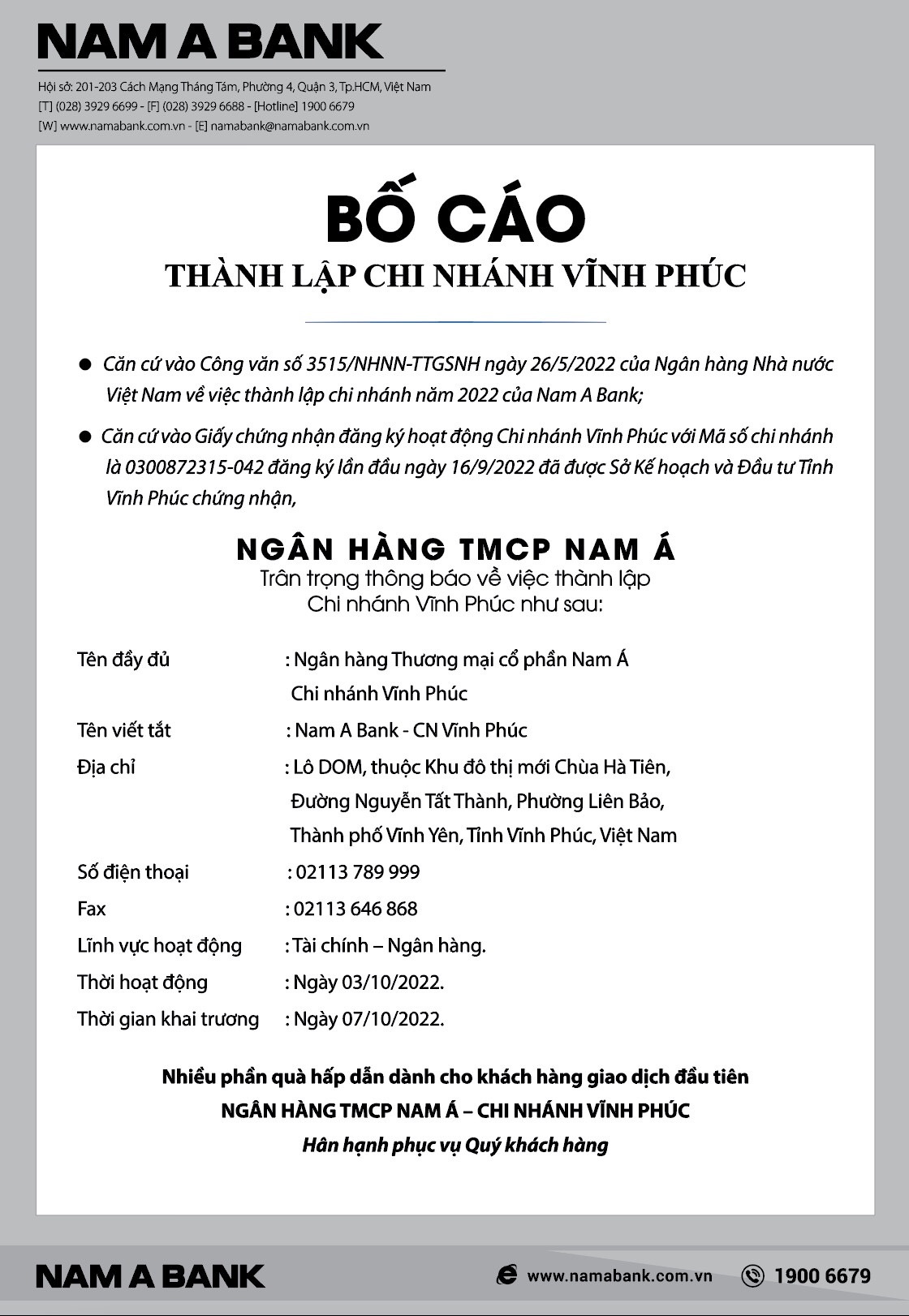 Nam A Bank thành lập chi nhánh Vĩnh Phúc nam a bank thanh lap chi nhanh vinh phuc