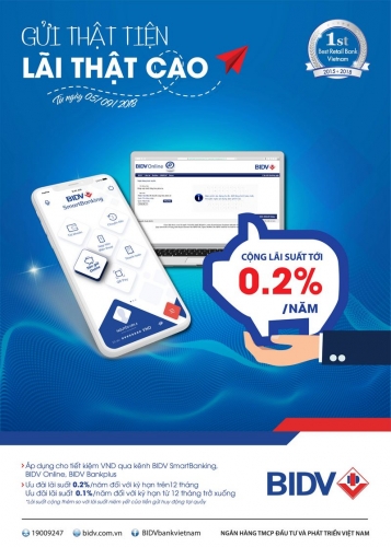 Ưu đãi tới 0,2% lãi suất khi gửi tiết kiệm online tại BIDV Ưu đãi tới 0,2% lãi suất khi gửi tiết kiệm online tại BIDV
