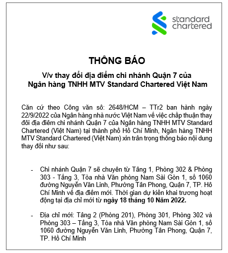 Ngân hàng TNHH MTV Standard Chartered Việt Nam thay đổi địa điểm chi nhánh Quận 7 ngan hang tnhh mtv standard chartered viet nam thay doi dia diem chi nhanh quan 7