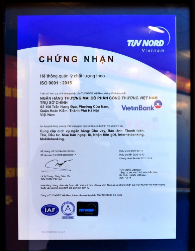 Hệ thống Quản lý chất lượng VietinBank đạt chuẩn ISO 9001:2015